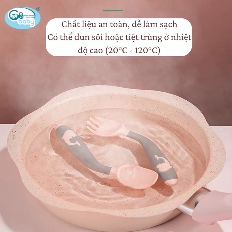 {Nhùn nhùn}Set 2 chiếc Thìa /dĩa ăn dặm báo nóng cảm ứng nhiệt, uốn cong Gb-Baby