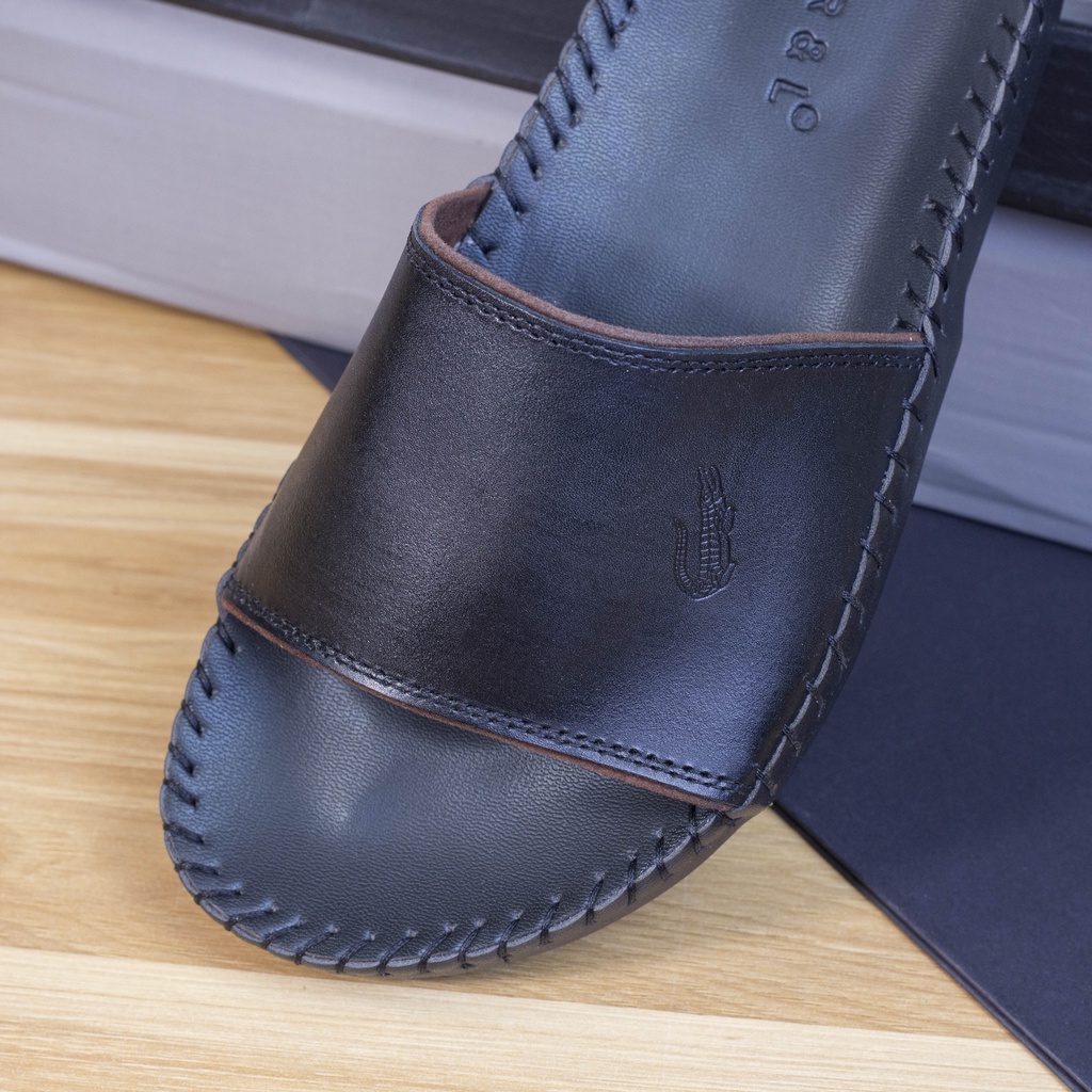 Dép Nam quai ngang trơn da bò cao cấp mã A màu đen