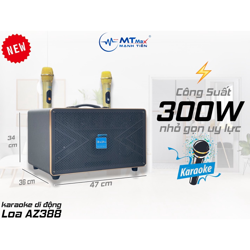 Loa di động xách tay AZPRO AZ 388 karaoke âm thanh cực chi tiết. Bass 16, 2mid và 6 chiếc loa treble kèm 2 mic không dây