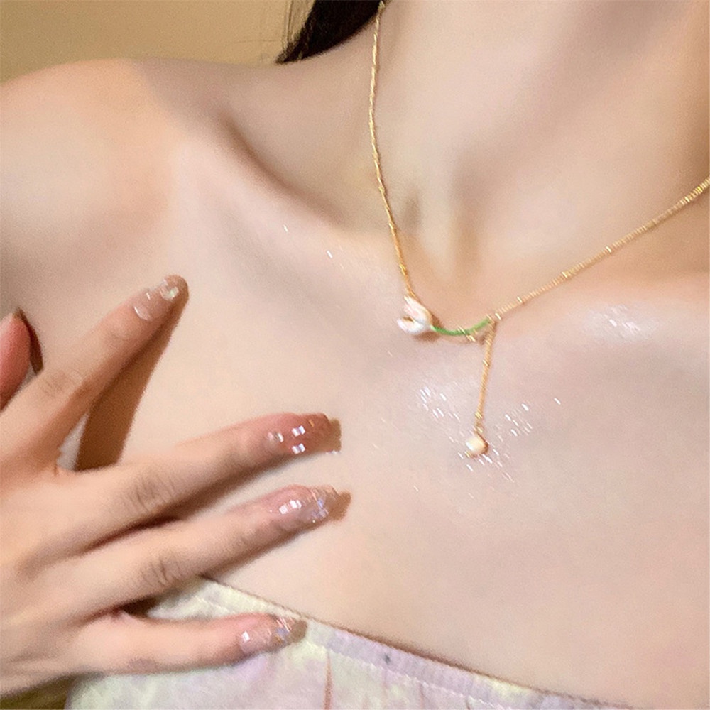 Vòng cổ Xương Cá Đính Hạt Ngọc Trai Và Hoa Tulip