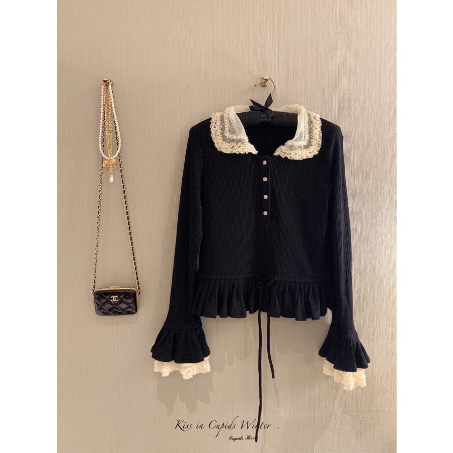 ÁO SWEATER DỆT KIM TAY DÀI CỔ POLO PHỐI REN THỜI TRANG, PHONG CÁCH HÀN QUỐC
