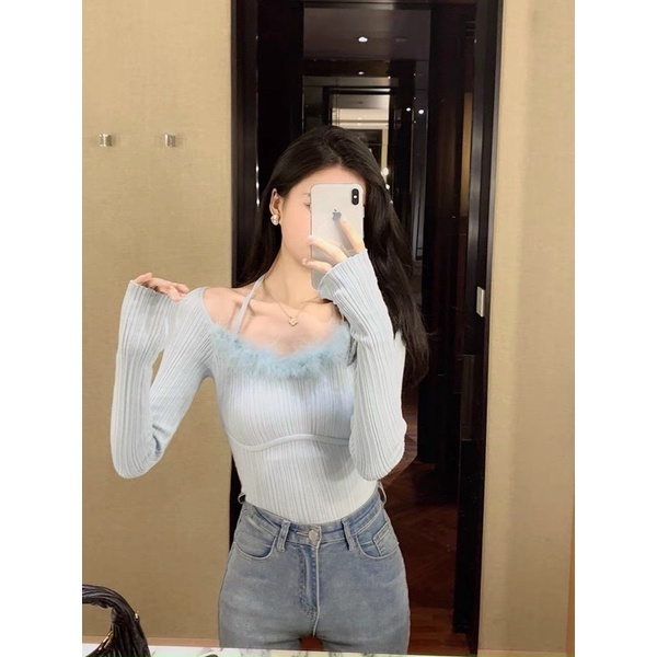 Áo len tăm nữ phối viền lông cổ yếm xinh, kiểu len trễ vai hot trend