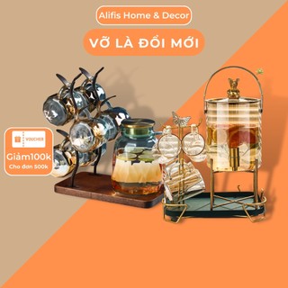 Bộ ly uống nước, chum đựng nước có vòi gồm 1 bình nước kèm 6 cốc và giá gỗ phong cách Bắc Âu Alifis