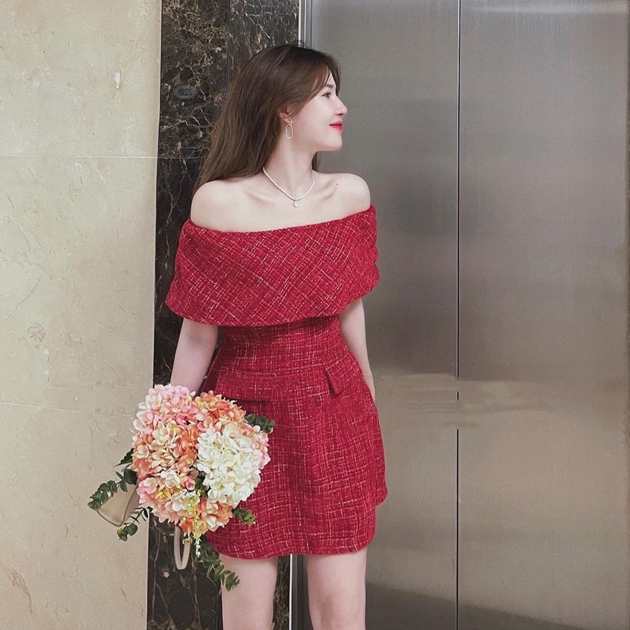 Đầm Thiết Kế Trễ Vai Chiết Eo Chất Vải Dạ Tweed V3034 - Lolla Fashion