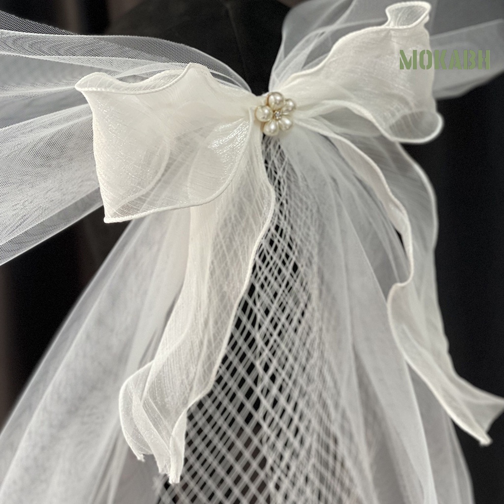 Mạng Che Mặt Đính Nơ Và Ngọc Trai Giả Hai Lớp 60cm Dùng Làm Đạo Cụ Chụp Ảnh Cô Dâu