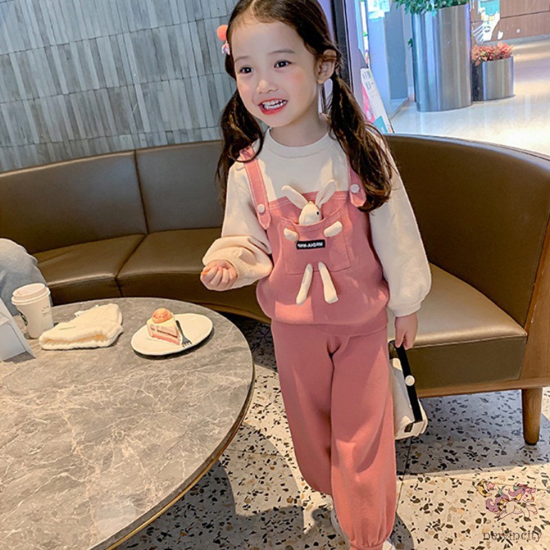 Bộ Áo Thun Tay Dài In Hình Thỏ Hoạt Hình + Quần Dành Cho Bé Gái