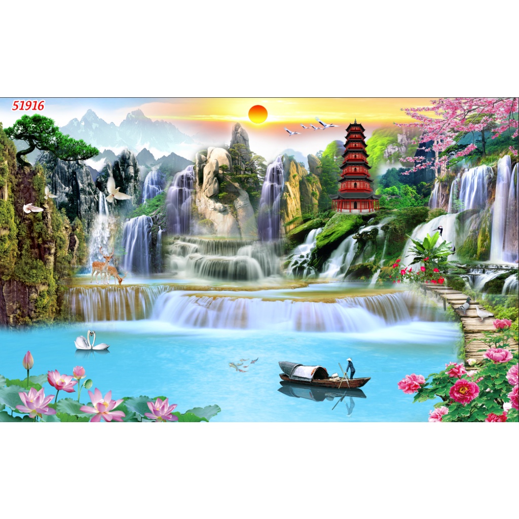 Tranh SƠN THUỶ dán tường phòng khách thiên nhiên đẹp nhất