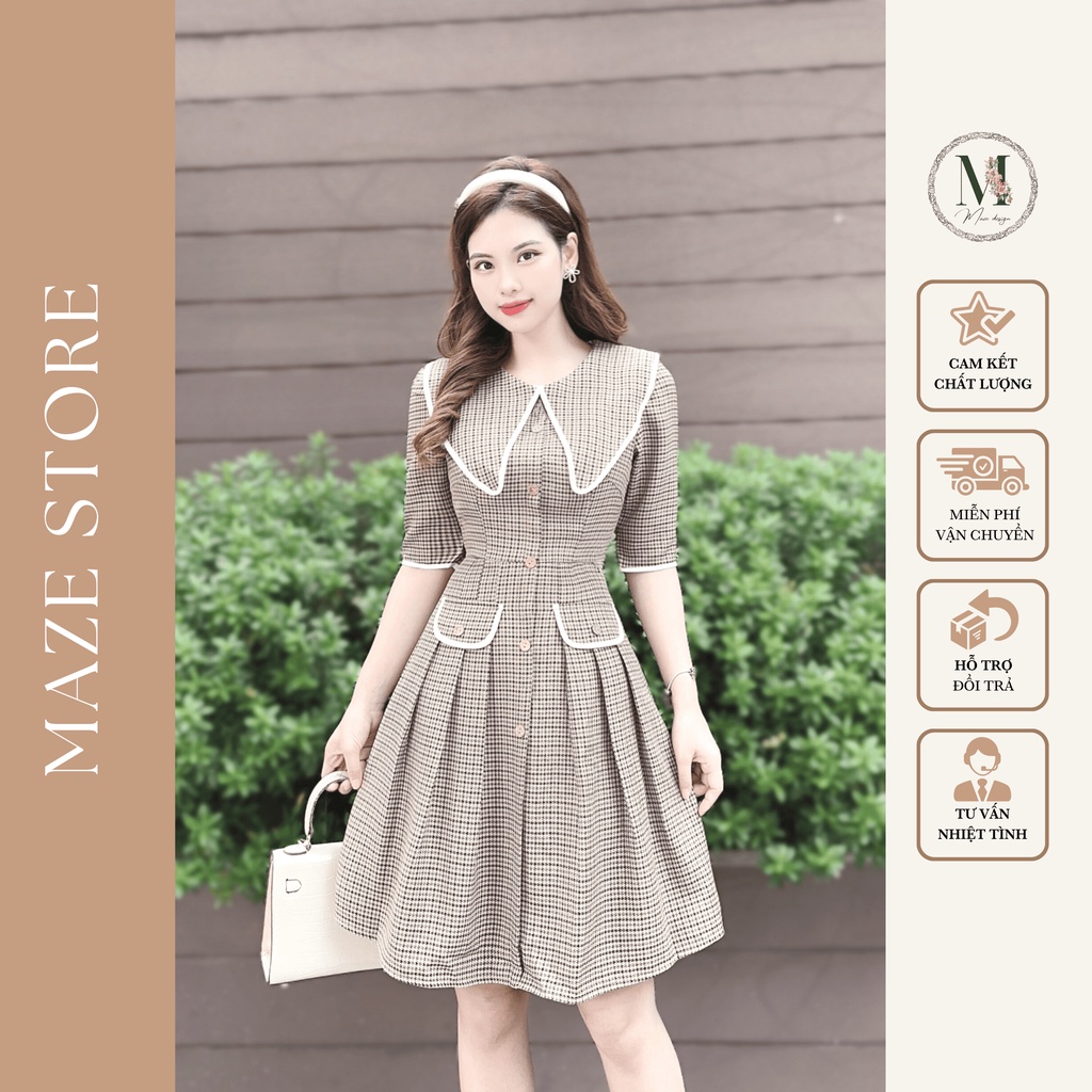 Đầm Thiết Kế Maze Design Tay Lỡ Thiết Kế Cổ Độc Đáo Thân Váy Xếp Ly Chất Liệu Vải Dạ Thanh Lịch Phong Cách Công Sở