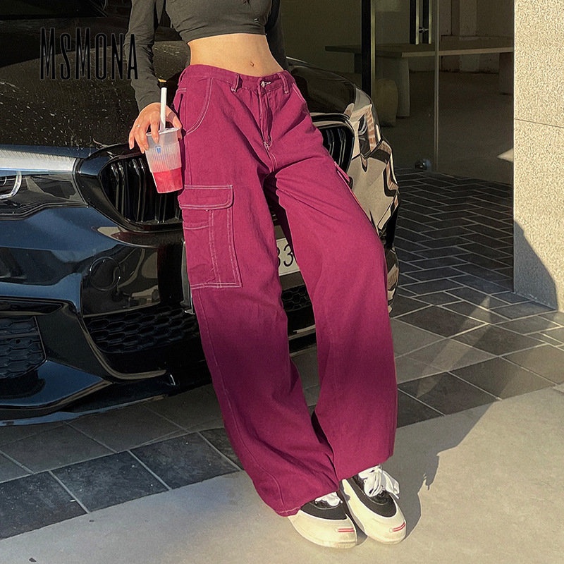 MsMona Quần Jean Ống Rộng Màu Đỏ Trơn Có Túi Thời Trang 2022 Cho Nữ