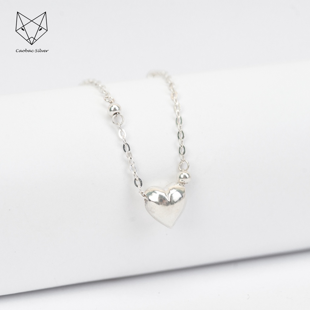 Dây Chuyền Bạc Ta Cao Cấp CaoBac Silver Tim Phồng Trơn Cạnh Bi Đơn Giản Nhẹ Nhàng, Thanh Lịch Dành Tặng Cho Bạn Gái