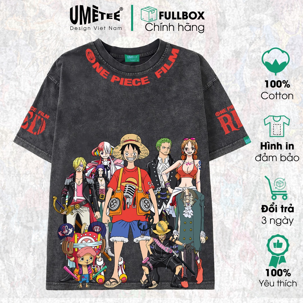 Áo thun wash xám tay lỡ unisex in hình Monkey D. Luffy One Piece Red Umetee cotton form rộng oversize phong cách đường p