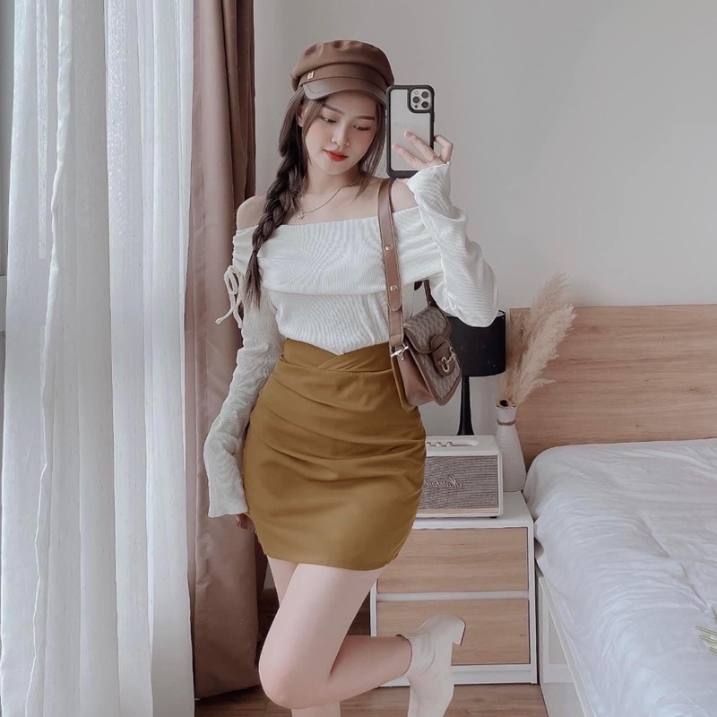 [ 𝐅𝐑𝐄𝐄 𝐒𝐇𝐈𝐏 ] Sét áo len tăm trễ vai rút mix cv xếp ly về hàng xinh lắm ạ Chất len tăm dày dặn  Cv kèm quần lót