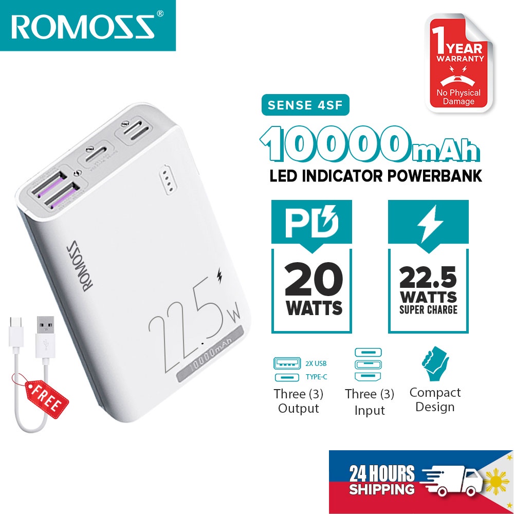 ROMOSS Sense 4SF 10000mAh 22.5W Pin Sạc Dự Phòng Mini PD QC 3.0 Lithium Polymer