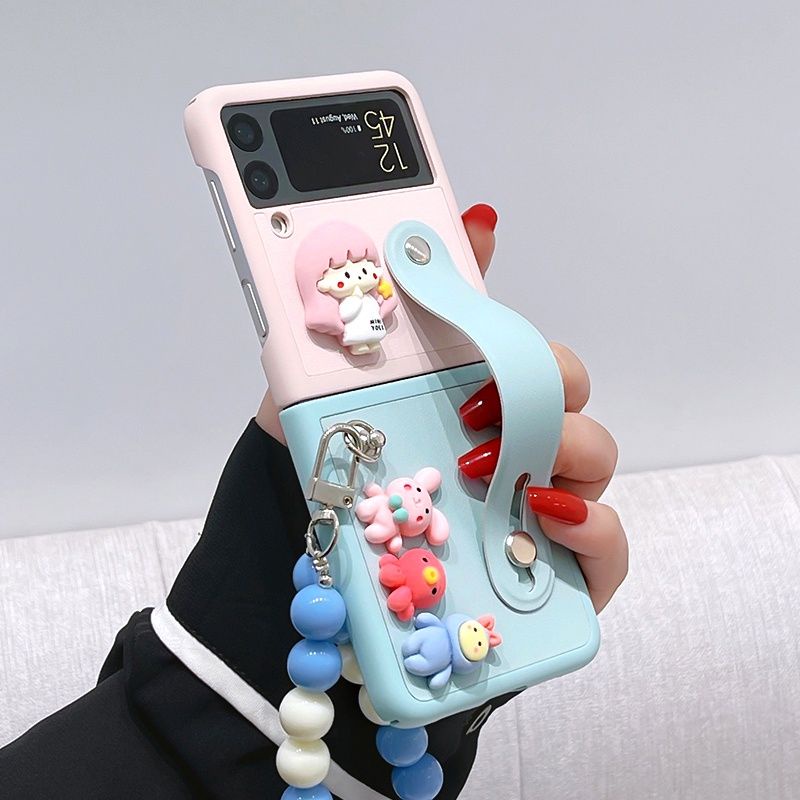 Ốp Samsung Z Flip 4 - Z Flip 3 - Z Flip3 - Flip4 5G phối màu pastel dây quai da cầm tay kèm charm dễ thương