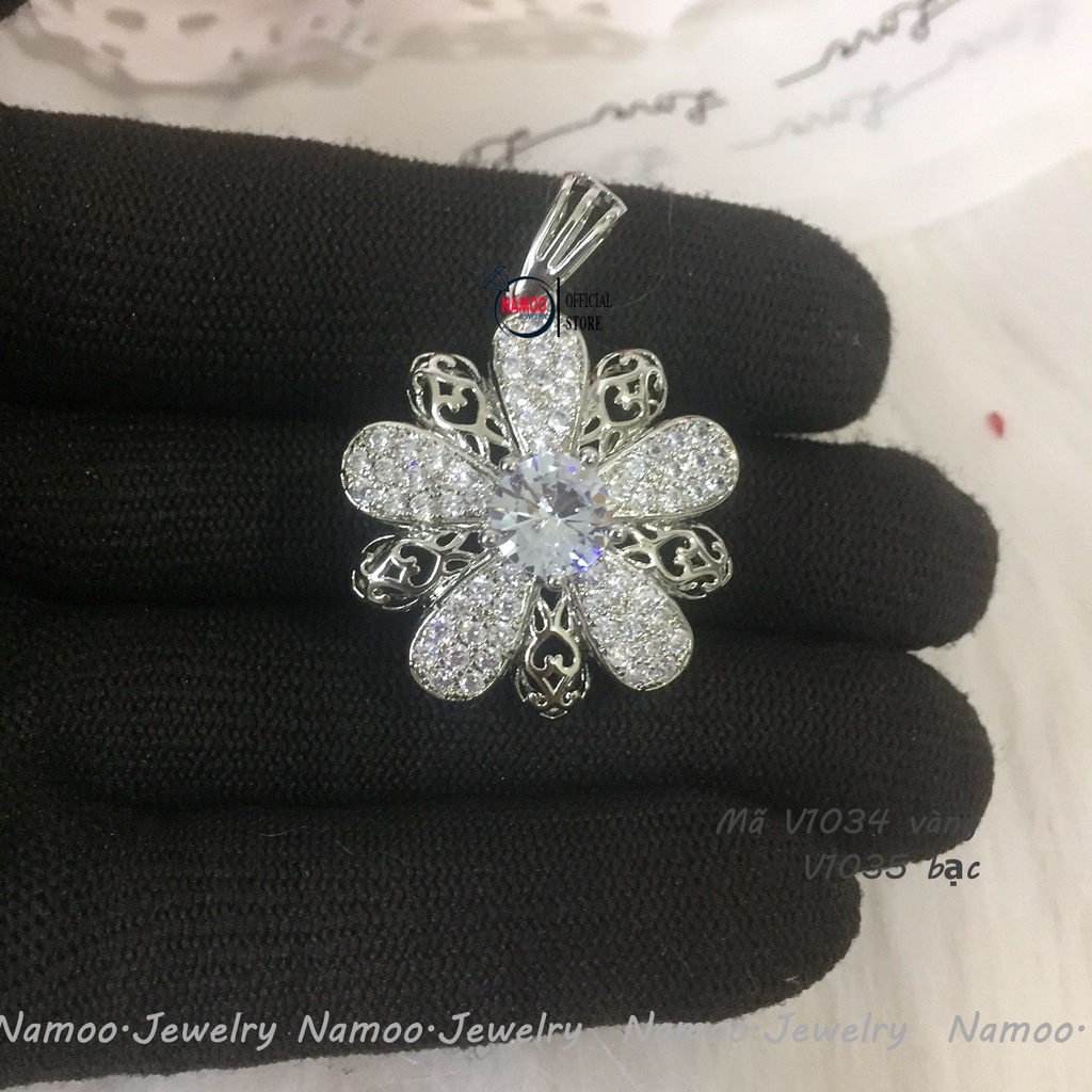 Dây Chuyền Nữ Đính Đá V1034 xi vàng và V1035 xi bạc  hoa năm cánh bản lớn đá đẹp