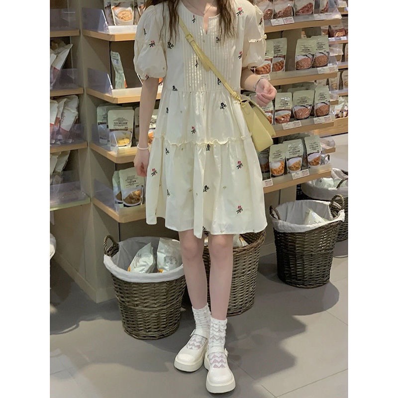 Váy babydoll xếp ly tay phồng họa tiết in hoa dễ thương dành cho nữ- Liyhouse