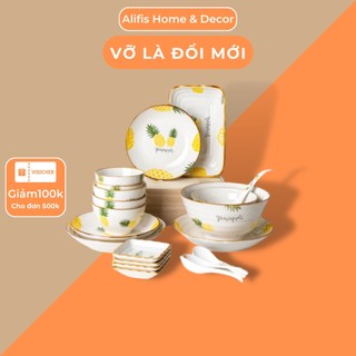 Bộ bát đĩa hình quả dứa , chén dĩa decor hình dứa Alifis