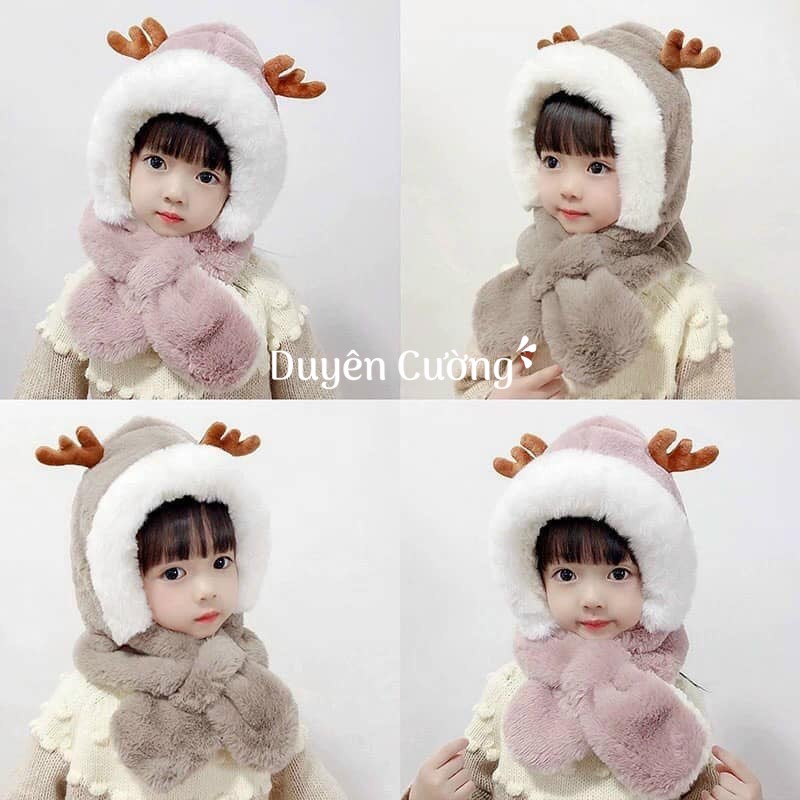 Mũ trẻ em mùa đông lót lông sừng hươu cute nón kèm khăn siêu ấm tai gấu thỏ cho bé DUYÊN CƯỜNG288