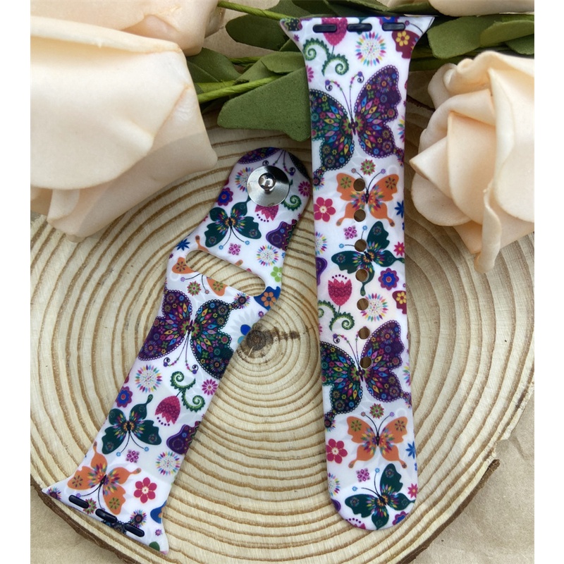 Dây Đồng Hồ Thông Minh Bằng Silicone In Hình Hoa &amp; Bướm Cho iWatch 7 / 6 / 5 / 4 / 3 / 2 / 1 / SE 38 / 40 / 41 / 42 / 44 / 45