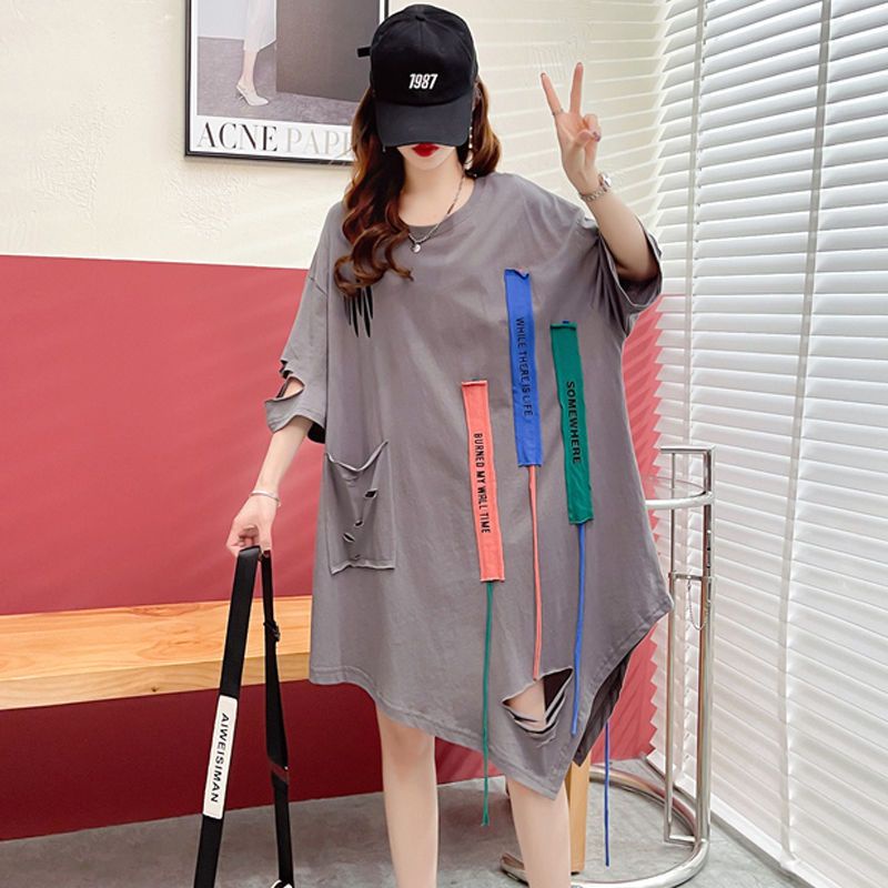 Đầm Thun Cotton Dáng Rộng Tay Ngắn Thiết Kế Rách Thời Trang Mùa Hè Hàn Quốc Cho Mẹ Bầu Có Size Lớn 110kg
