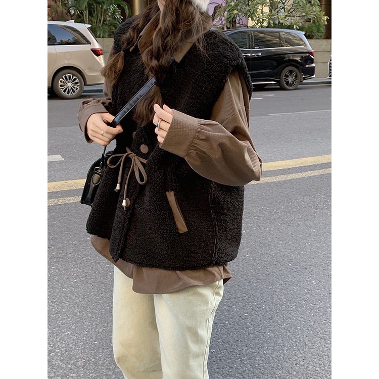 [Hàng Có Sẵn] Áo Khoác Lông Cừu Dáng Rộng Thắt Eo Dày Màu Trơn Thời Trang Hàn Quốc Đa Năng Có Thể Đeo Trên Vai