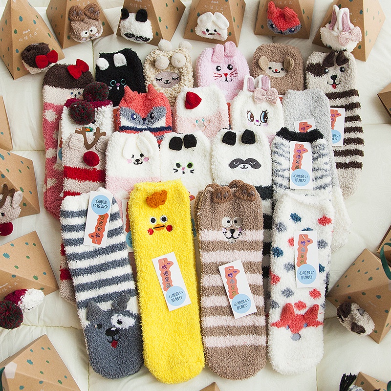 Vớ Lông Cừu San Hô Ba Chiều Thêu Họa Tiết Hoạt Hình Thời Trang Thu Đông