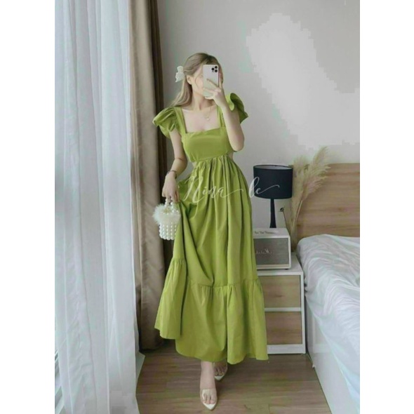 Đầm thời trang nữ mặc đi chơi chất lụa tay áo phối bèo đầm dài dáng xòe