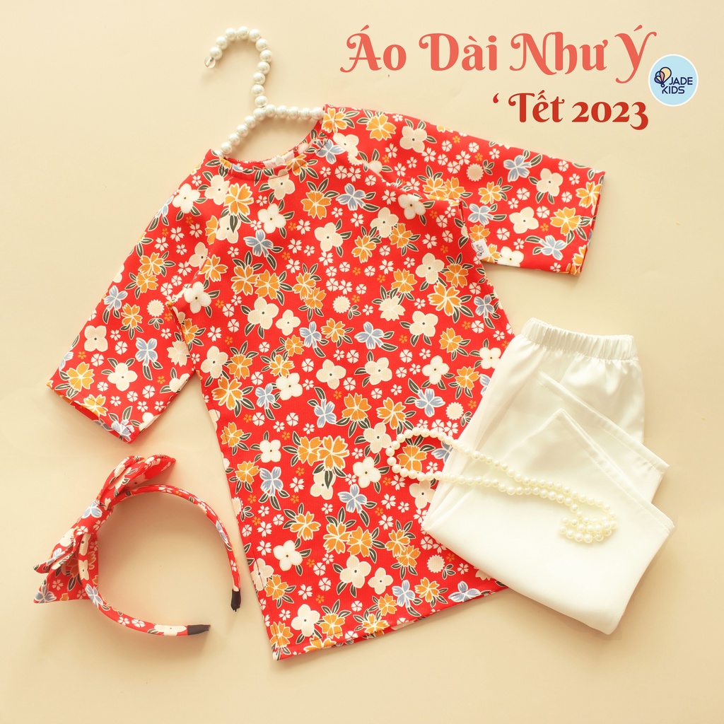 Áo dài cách tân cho bé | Áo dài tết Như Ý Đỏ 2023 TẶNG kèm bờm xinh cho bé chất liệu vải nhung tăm mềm họa tiết hoa xinh