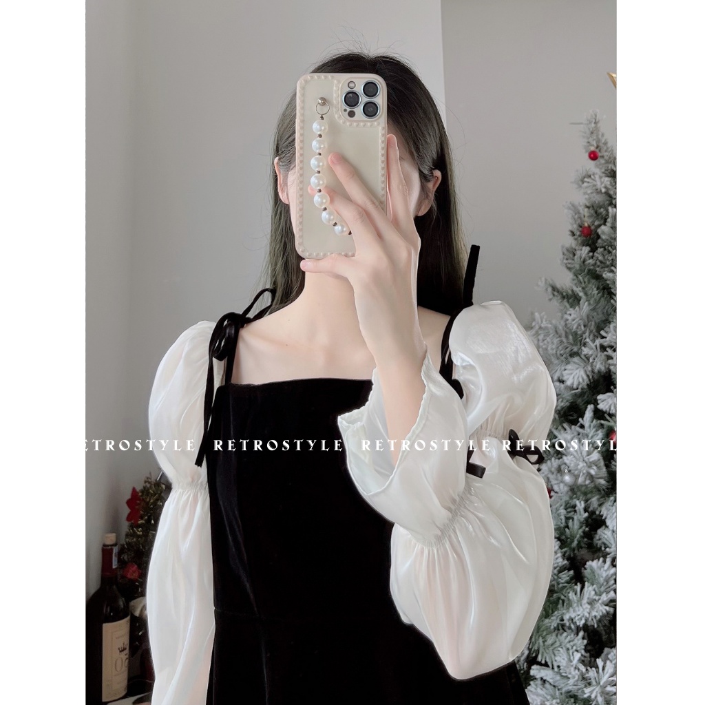 Váy 2 dây nhung phối tơ organza mã Vay2snhungphoito197