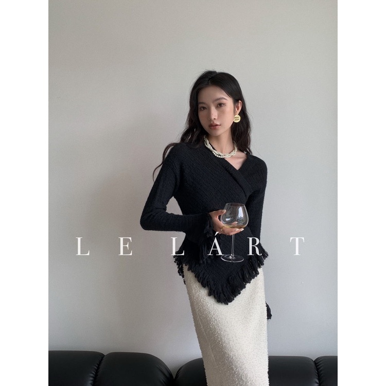 Honypove Áo Sweater Dệt Kim Tay Loe Cổ Chữ V Phối Tua Rua Thời Trang