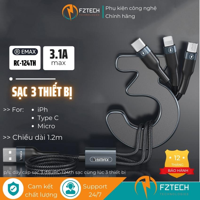 Dây Sạc 3 Đầu Sạc Nhanh 124th FZTECHVN Gồm Cáp Sạc 3 đầu USB sang iPh, Type C, Micro Sạc đa năng cùng lúc 3 thiết bị