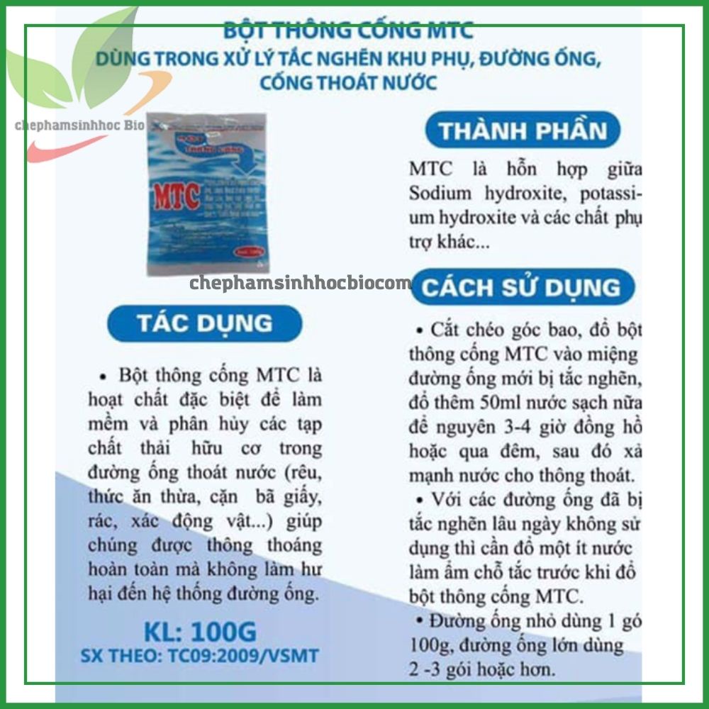 Combo 2 gói. Bột thông cống MTC. Xử lý các hầm cầu, cống, bồn rửa chén. Gói 100g