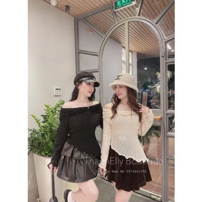 Áo len pha ngang vai đính ngọc vạt lệch xinh