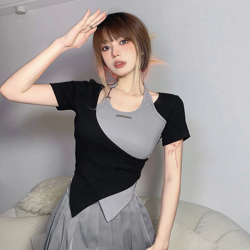 Áo Croptop nhà QIIN BOUTIQUE tay ngắn phối màu cá tính #A8