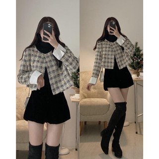 K6006 Áo khoác dạ tweed cổ tròn phối tay dáng croptop AUDREY