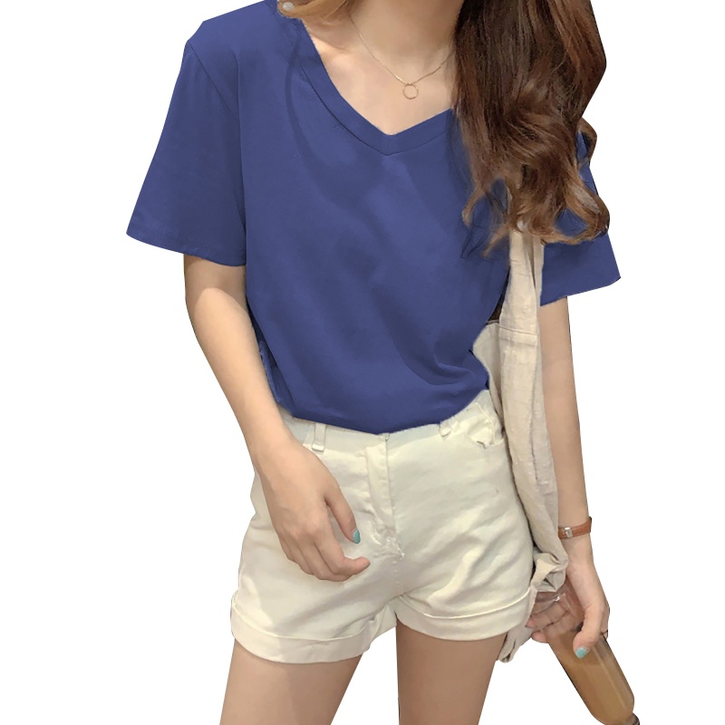 Áo Thun Tay Ngắn Cổ Chữ V Màu Sắc Đơn Giản Dành Cho Nữ