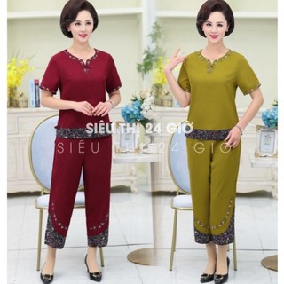 Đồ bộ trung niên tặng mẹ mặc nhà tay ngắn thêu hoa Siêu thị 24 giờ form rộng rãi thoải mái ĐBH.18