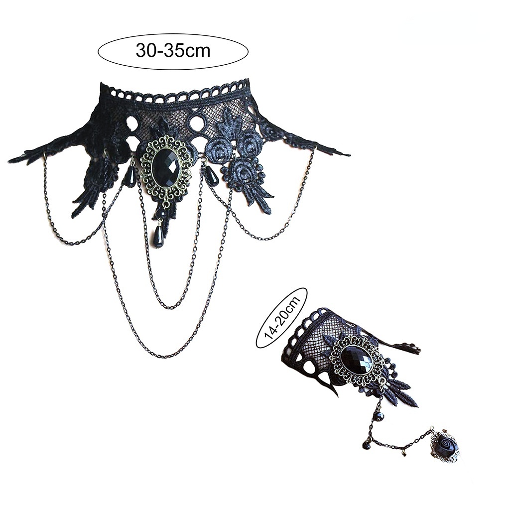 Bộ Trang Sức Vòng Cổ Choker + Bông Tai + Vòng Tay Họa Tiết Ren Hoa Phong Cách Gothic Punk JP5