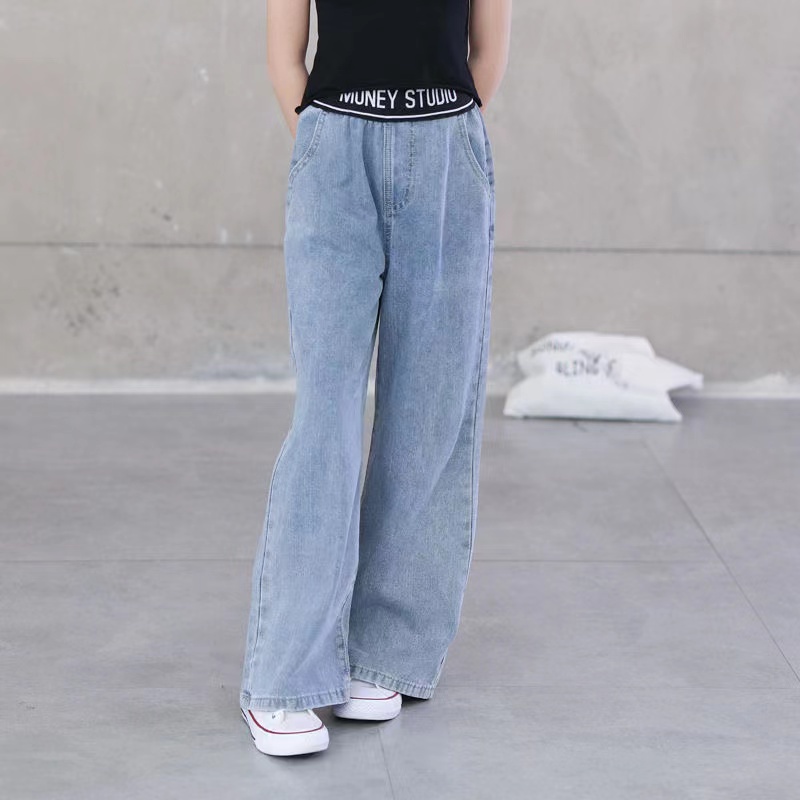 Bộ đồ bé gái áo phông + quần jean，Quần Jeans Dài Lưng Cao Ống Rộng Thời Trang Xuân Thu Cho Bé Gái