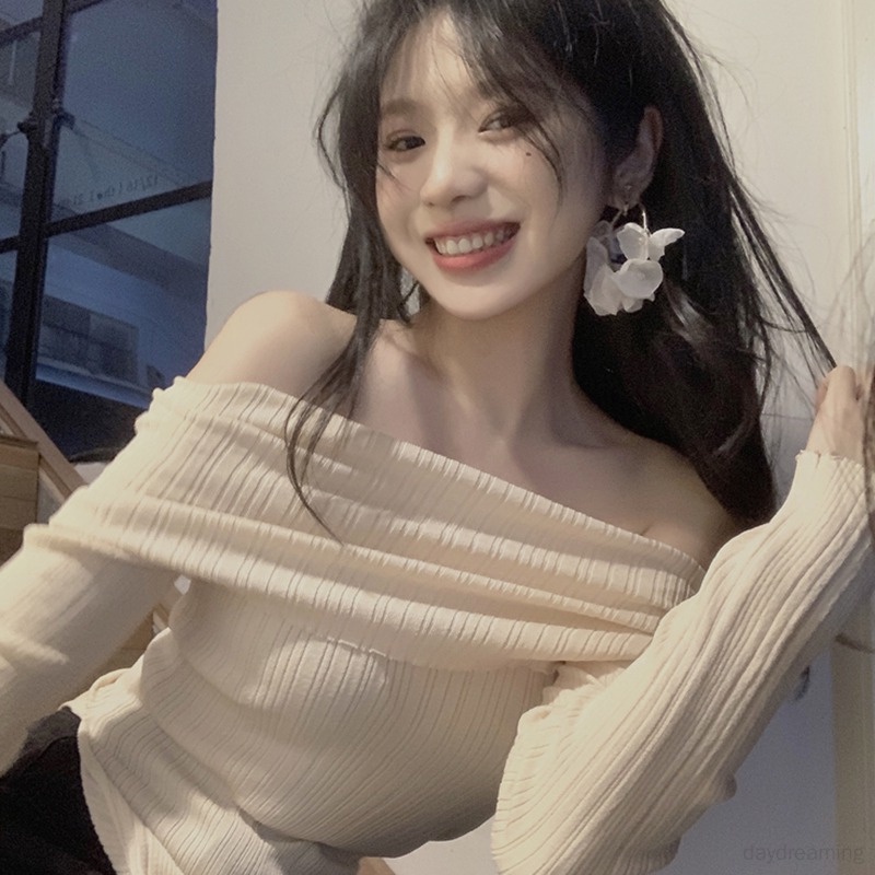 Áo Thun Dệt Kim Trễ Vai Xẻ Tà Dáng Ôm Thời Trang Cho Nữ