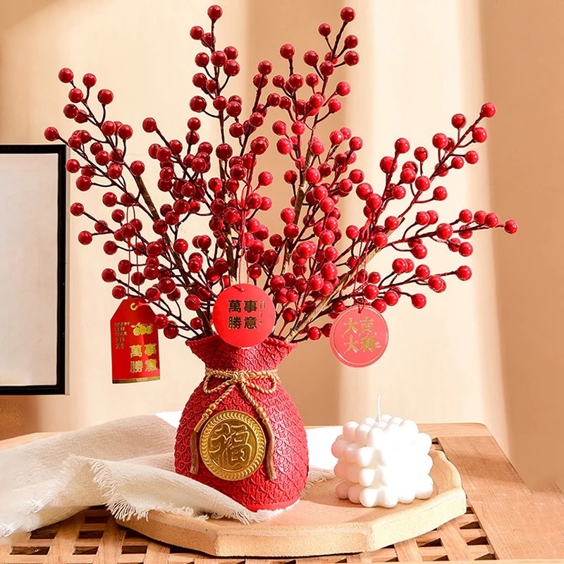 Quả Đỏ - Hoa Giả - Đào Đông, Bạch Quả, Tim Vàng, Quạt Vàng Trang Trí Tết Mang Tài Lộc Phúc Thọ