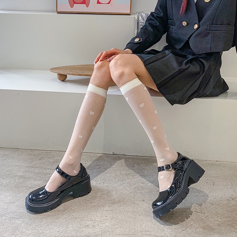 Vớ Dài Qua Gối Mỏng In Họa Tiết Trái Tim Phong Cách Lolita Nhật Bản Cho Nữ