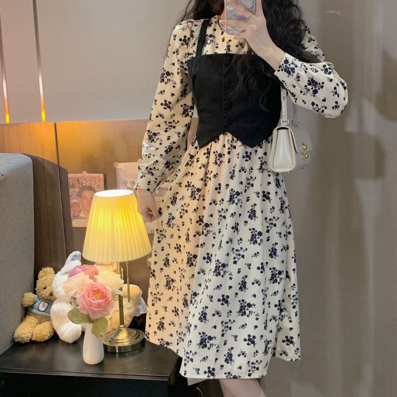 Đầm Nữ Hai Dây Họa Tiết Hoa Ghép Nối Kiểu Pháp Mới