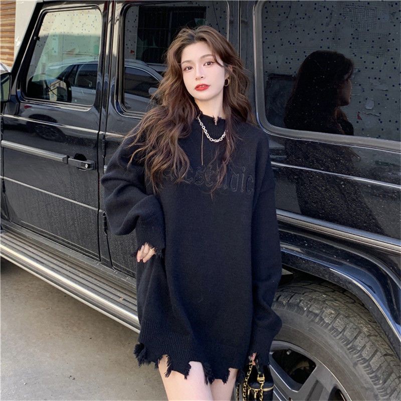 Jiashucheng Áo Sweater Cổ Lọ Dáng Rộng Thiết Kế Rách Phong Cách Mới Ngọt Ngào Cho Nữ