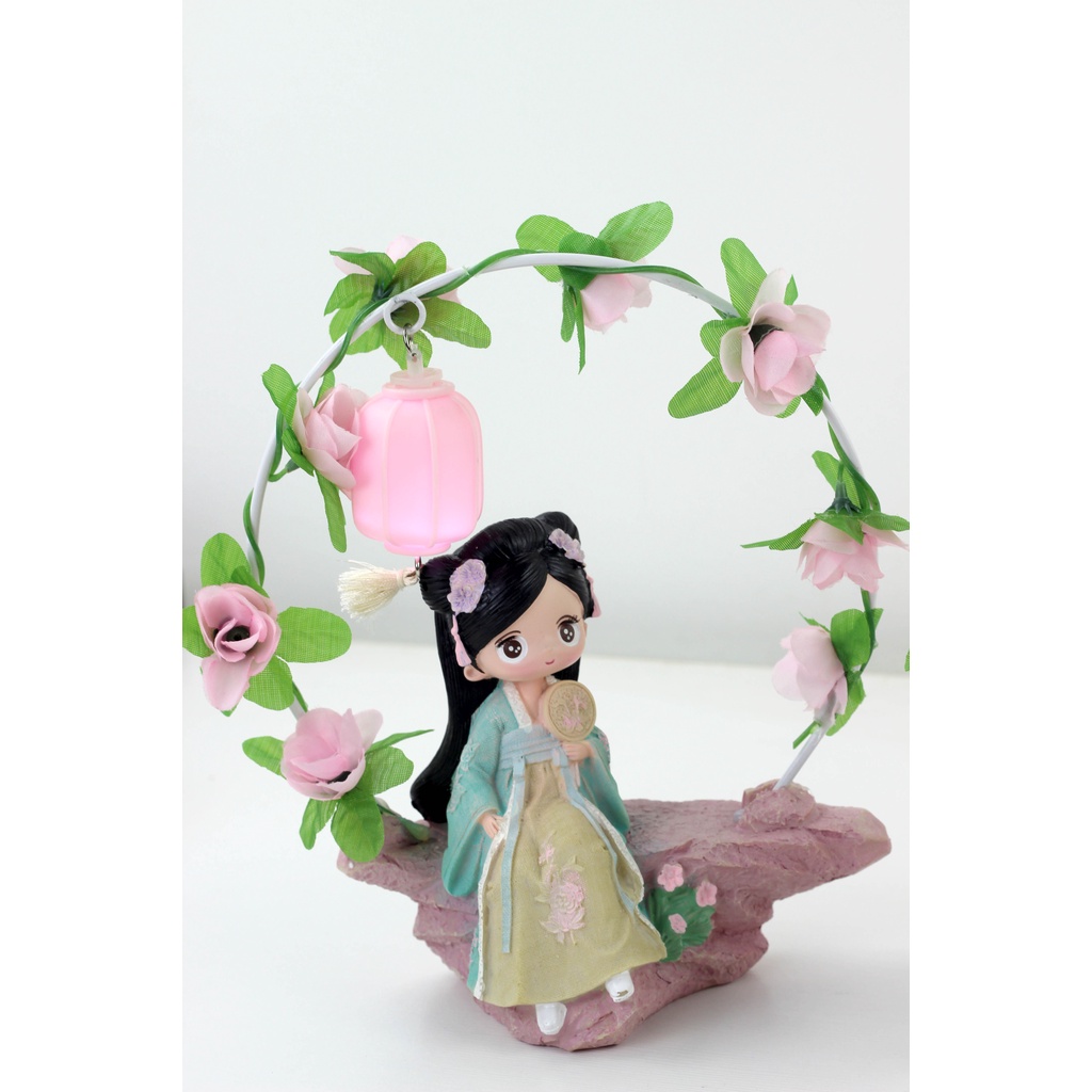 Tượng thiếu nữ cổ trang ngồi chơi dưới đèn,  tượng 3D sinh động. (Hàng Sẵn TP.HCM)