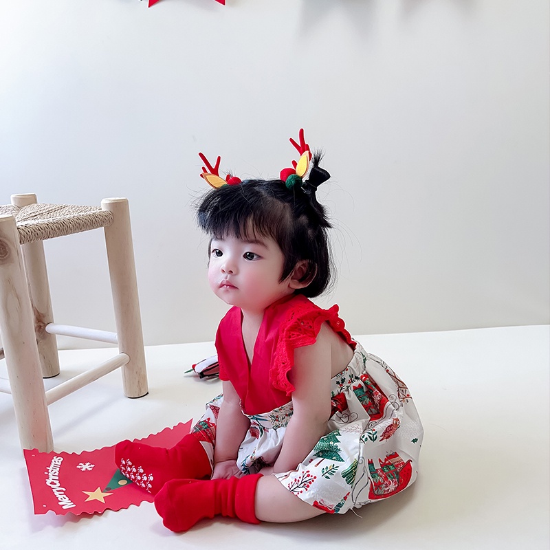 BCBL Đầm liền quần tay ngắn phối ren có băng đô phong cách Giáng Sinh xinh xắn dành cho bé gái