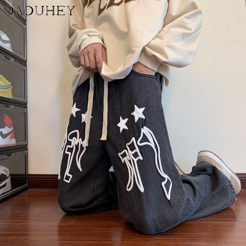 DaDuHey Men's Hong Kong Style High Street Fashion Brand Straight Jeans Ins Autumn Trend Retro Easy Matching Loose Casual Pants