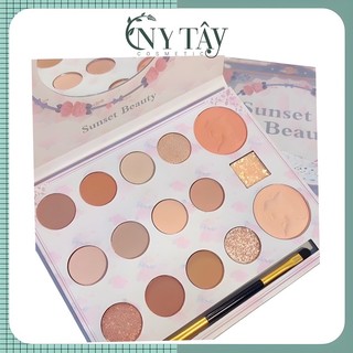 Bảng phấn mắt sunset beauty 15 màu hiệu ứng lì nhũ ánh kim mịn kèm cọ gương - phấn mắt nội địa trung