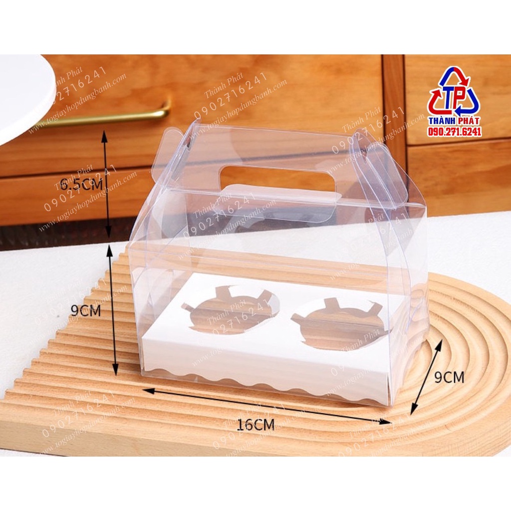 10 Hộp mica quai xách 2 cupcake - hộp quai xách đựng 2 ly bánh lạnh