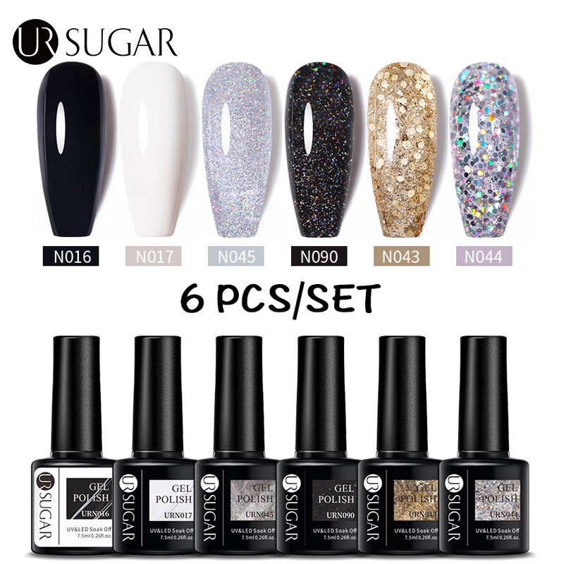 Bộ 6 lọ gel UV UR SUGAR màu sắc đa dạng dùng để trang trí móng nghệ thuật 7.5ml